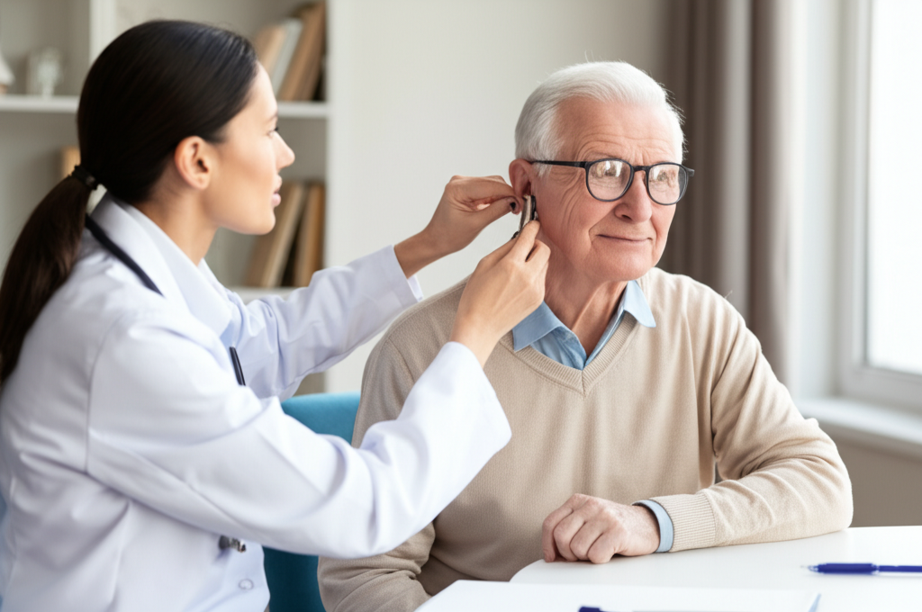 Audiologist providing hearing care to an elderly patient in a nursing home